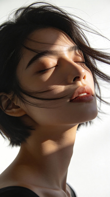 光影氛围感闭眼仰首短发女性人像肖像摄影