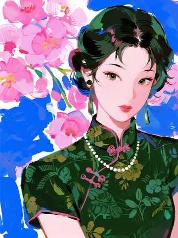 厚涂油画风墨绿旗袍粉花民国女子插画