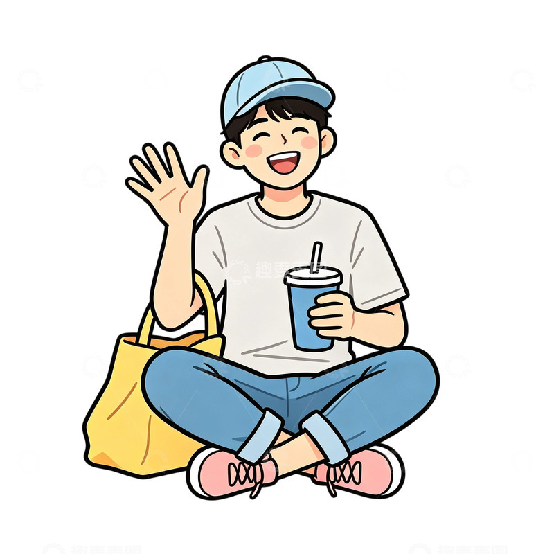 高清大图下载【趣麦麦图】-卡通风男孩挥手坐姿插画免扣元素素材