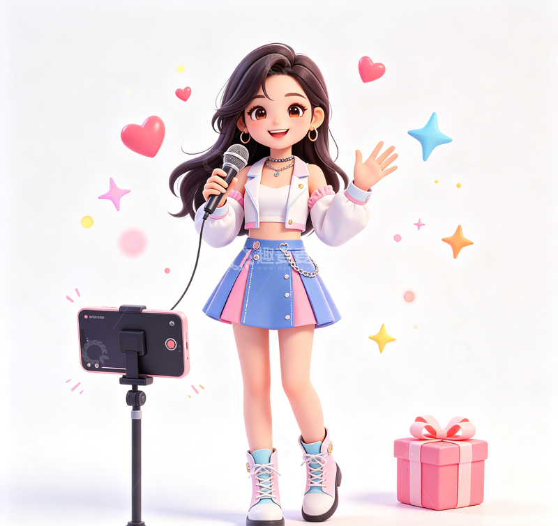 高清大图下载【趣麦麦图】卡通风少女直播唱歌设计素材