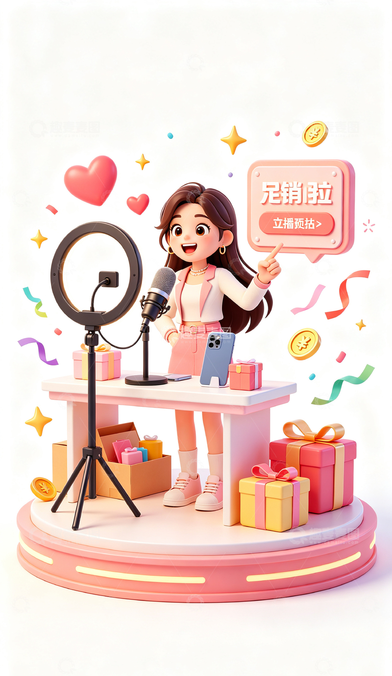 高清大图下载【趣麦麦图】卡通风直播带货场景3D设计素材