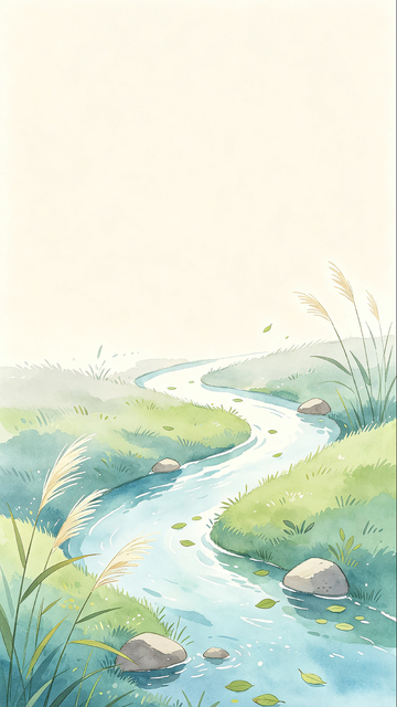 水彩风溪流草地自然风景插画素材