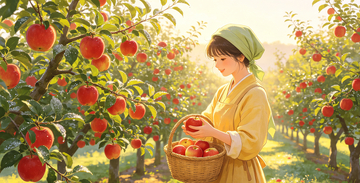 油画风果园采桃手绘田园插画素材