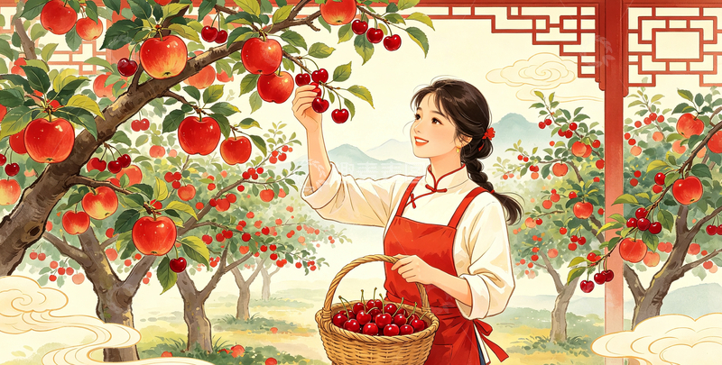 高清大图下载【趣麦麦图】-国风插画采果少女手绘田园场景设计素材