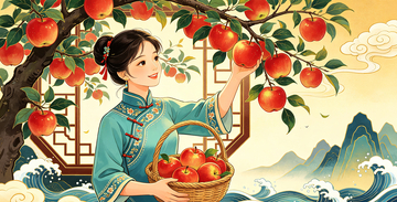 国风插画采桃女子手绘设计素材