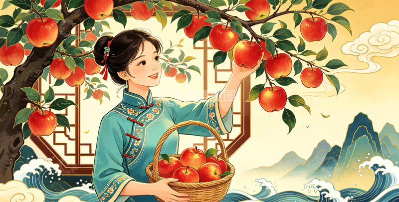 高清大图下载【趣麦麦图】-国风插画采桃女子手绘设计素材
