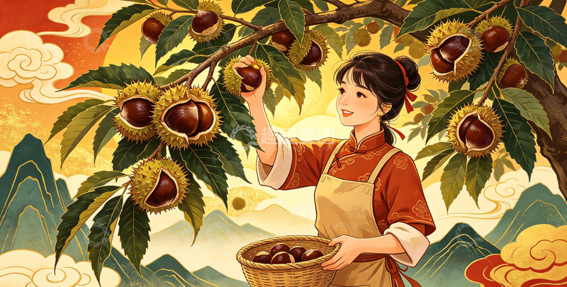 高清大图下载【趣麦麦图】-国风插画丰收场景手绘板栗采摘设计素材