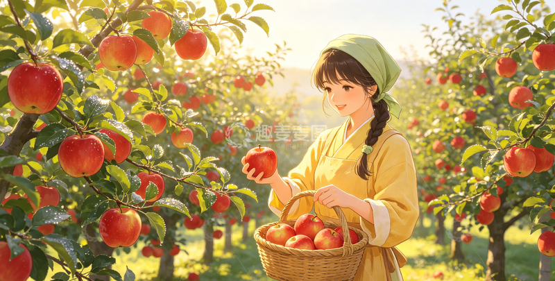 高清大图下载【趣麦麦图】-油画风果园采果少女插画设计素材
