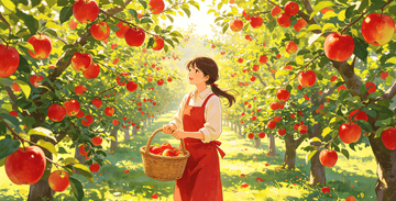 插画风果园采苹果女孩设计素材