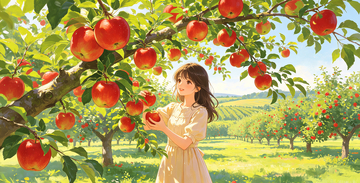 插画风果园少女采摘苹果设计素材