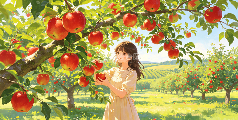 高清大图下载【趣麦麦图】-插画风果园少女采摘苹果设计素材
