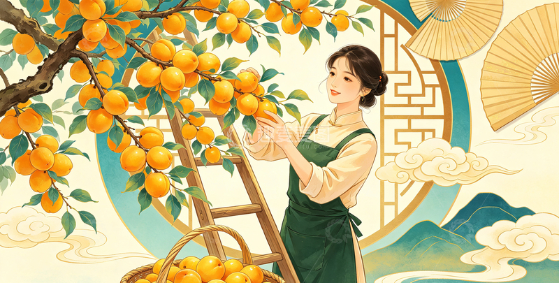 高清大图下载【趣麦麦图】-国风手绘采橙黄杏女子插画设计素材