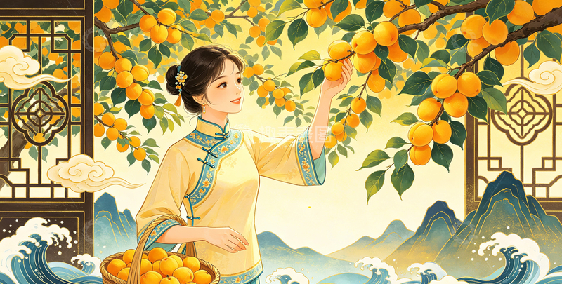 高清大图下载【趣麦麦图】-国风插画女子采黄杏橙手绘设计素材