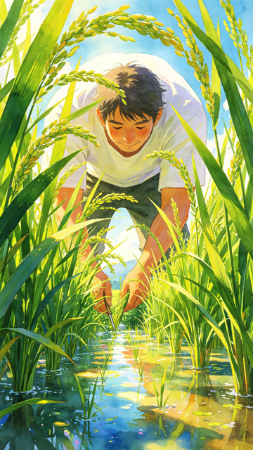 水田收割稻穗农夫水彩治愈插画