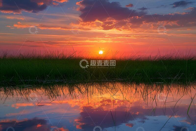 高清大图下载【趣麦麦图】-唯美风日落湿地倒影摄影素材15