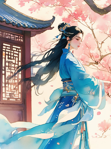 国风古风仕女樱花庭院插画素材