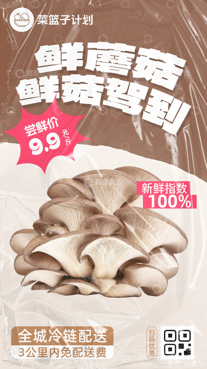 源文件下载【趣麦麦图】-生鲜鲜蘑菇优惠海报
