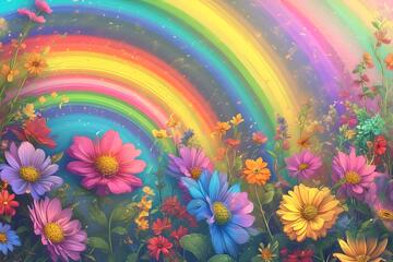 梦幻风彩虹花海插画设计素材36