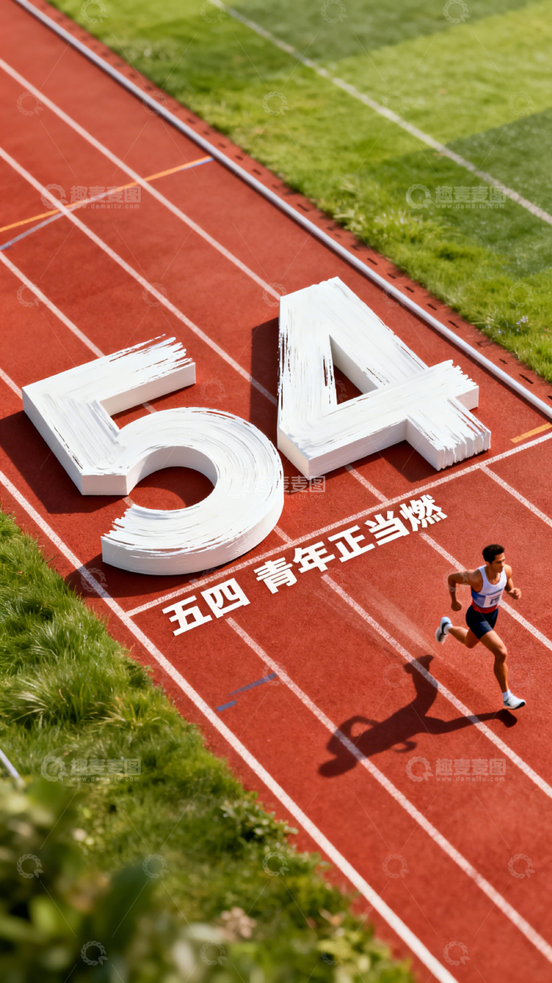 高清大图下载【趣麦麦图】俯拍风五四青年奔跑跑道设计素材