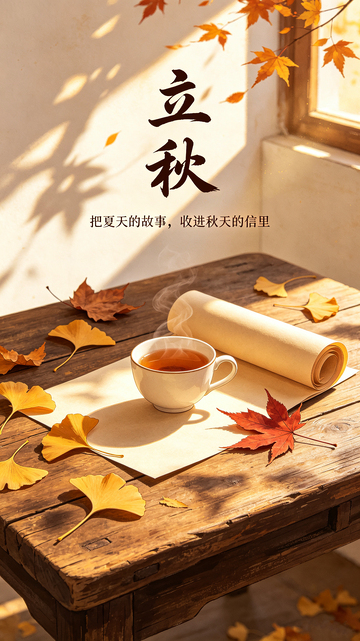国风立秋节气茶香落叶插画设计素材