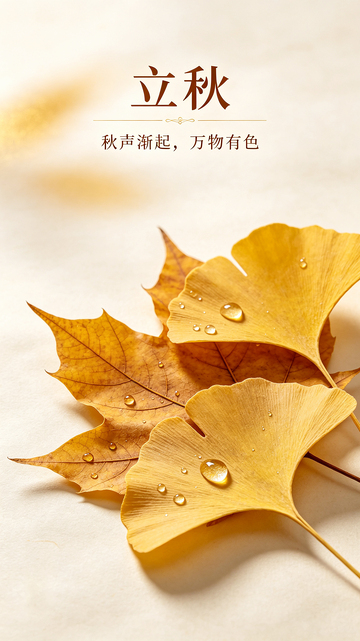 国风立秋落叶水滴摄影素材