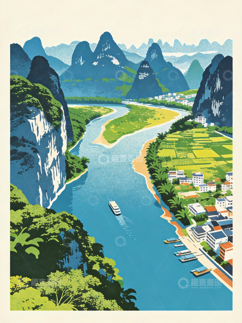 高清大图下载【趣麦麦图】漓江喀斯特山水版画风格风景插画