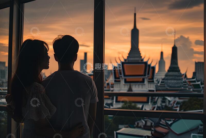 高清大图下载【趣麦麦图】剪影风情侣观景城市黄昏设计素材153