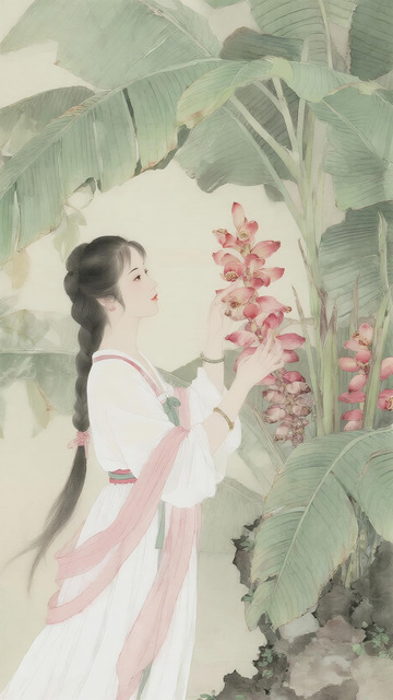 芭蕉美人蕉古风仕女工笔国画