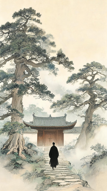 古松云雾古寺独行隐士国风山水国画