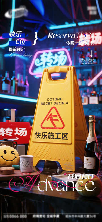 霓虹风酒吧派对警示牌设计素材