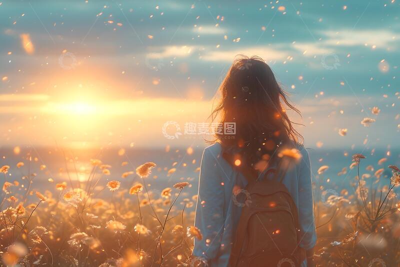 高清大图下载【趣麦麦图】-唯美风夕阳花海背影摄影素材147