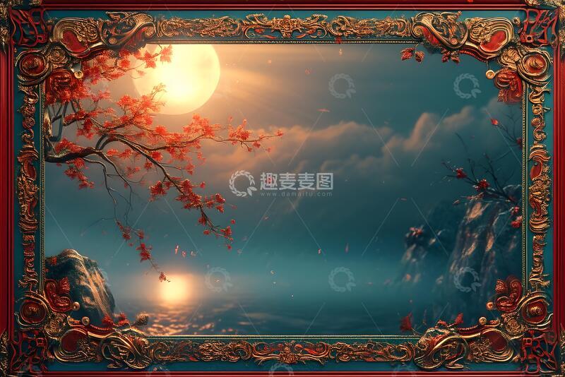 高清大图下载【趣麦麦图】-国风古韵月下红枫边框设计素材72