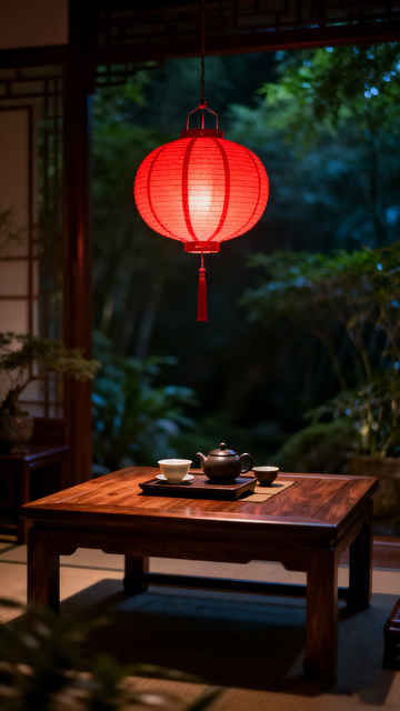 中式风庭院茶席红灯笼设计素材