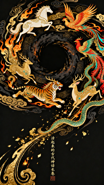 国风神话瑞兽卷轴插画设计素材