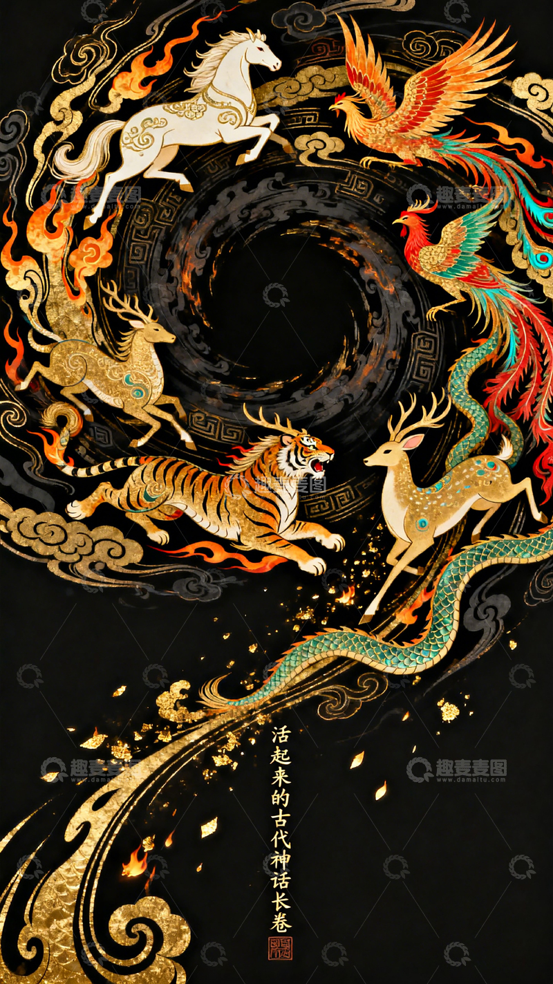 高清大图下载【趣麦麦图】-国风神话瑞兽卷轴插画设计素材