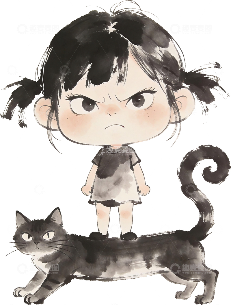 源文件下载【趣麦麦图】水墨双马尾气鼓鼓小女孩与黑猫国画 