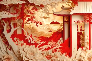 剪纸风中式庭院花鸟装饰设计素材11