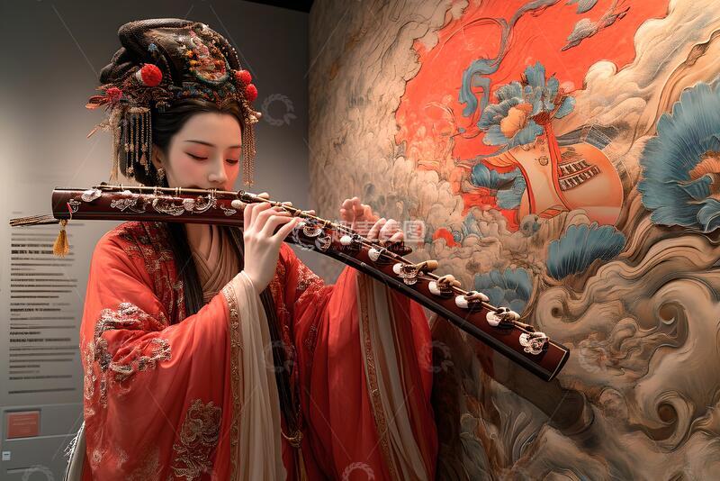 高清大图下载【趣麦麦图】-国风古韵女子吹笛艺术插画素材304