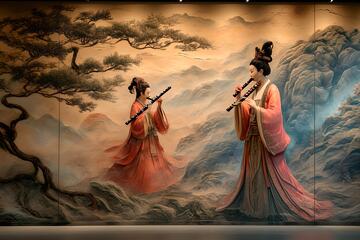 国风古韵仕女吹箫壁画设计素材308
