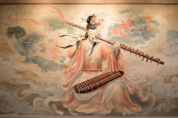 国风古韵仙人吹笛壁画设计素材303