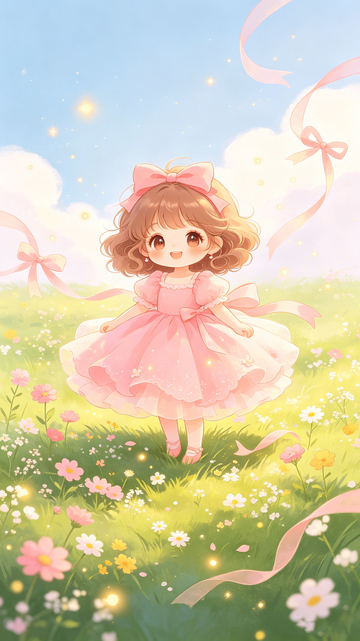 萌系风小女孩花丛梦幻插画设计素材