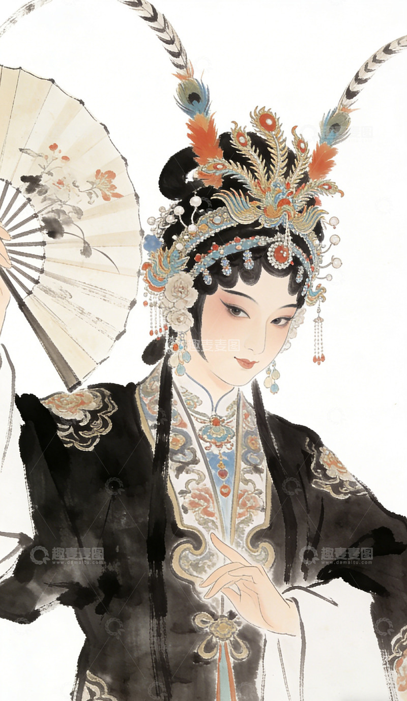 高清大图下载【趣麦麦图】国风手绘戏曲仕女插画设计素材