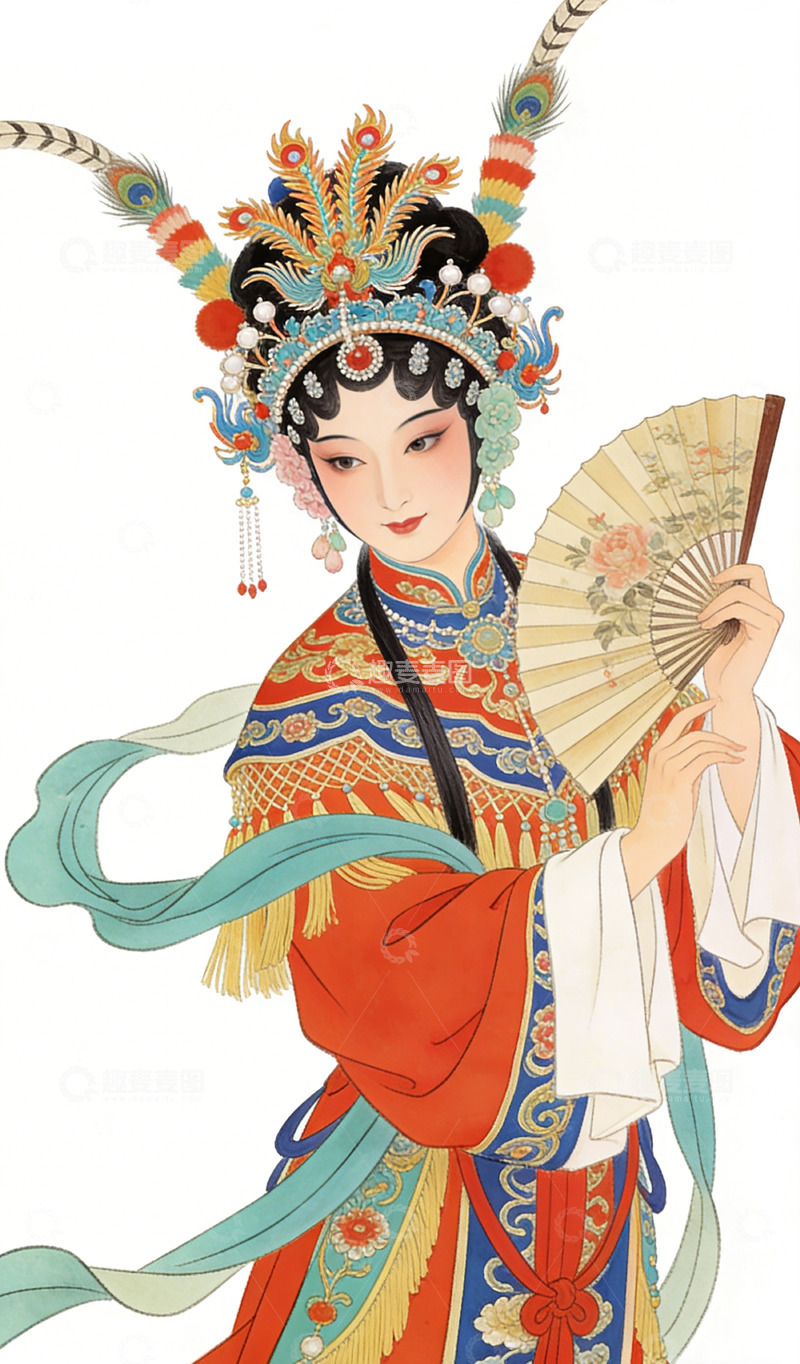 高清大图下载【趣麦麦图】国风手绘戏曲仕女扇子设计素材