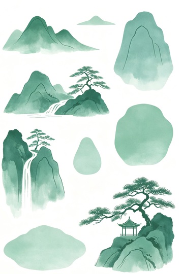 水墨风山水松树亭台设计