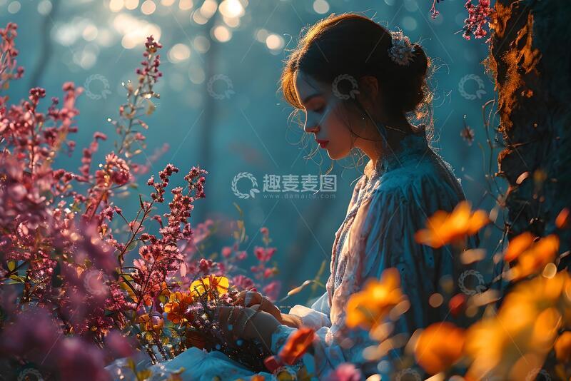 高清大图下载【趣麦麦图】-唯美风少女花丛静坐摄影素材116