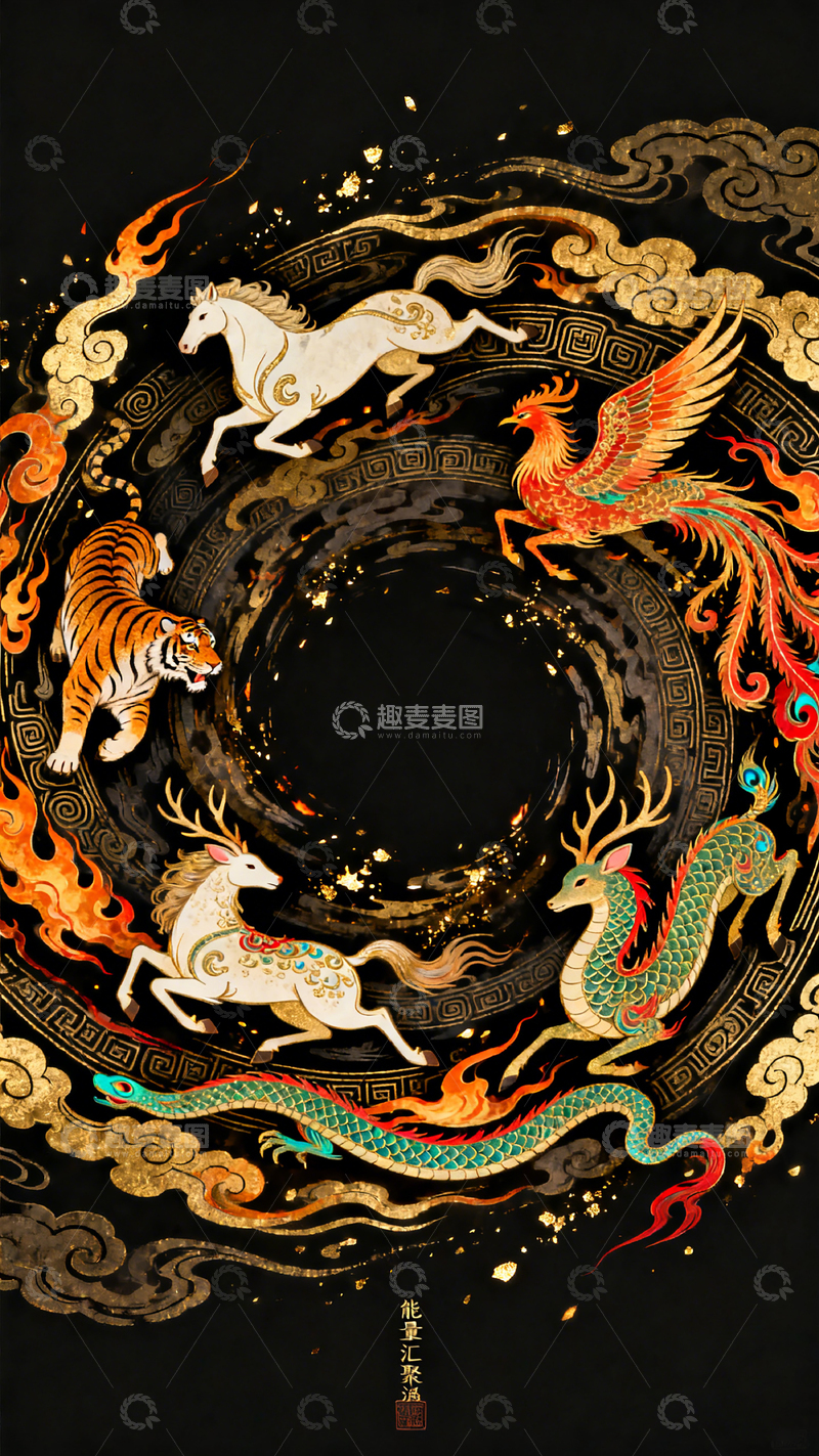 高清大图下载【趣麦麦图】国风神话瑞兽环绕图案设计素材