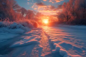 梦幻风冬日雪景夕阳摄影素材155