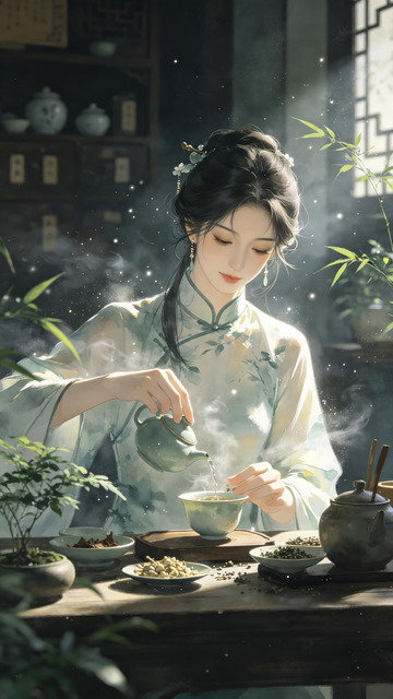 新中式旗袍女子窗边沏茶古风插画