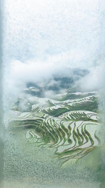 水墨风梯田云雾山水画设计素材