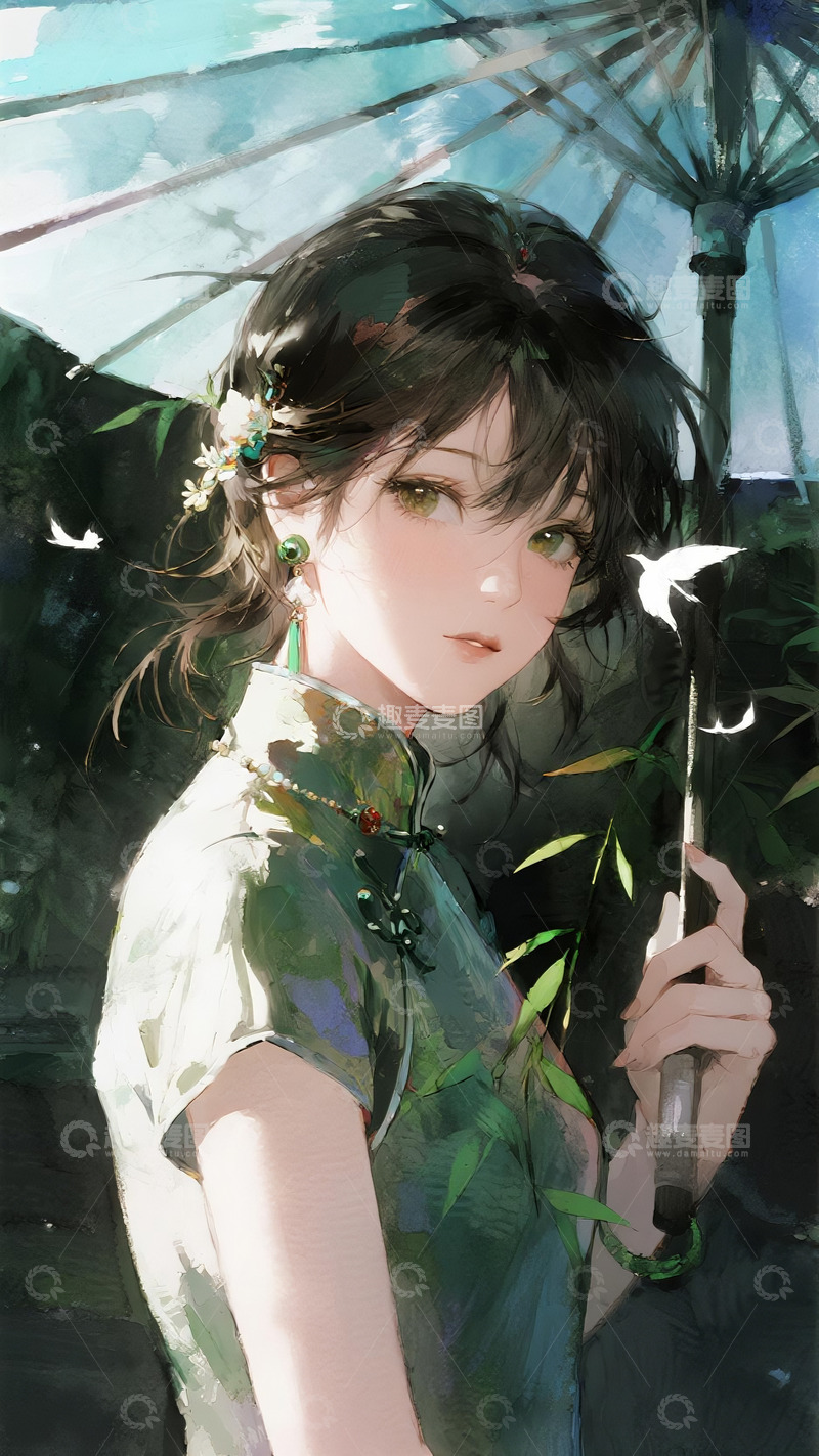 高清大图下载【趣麦麦图】-青衫旗袍执伞国风少女水彩插画